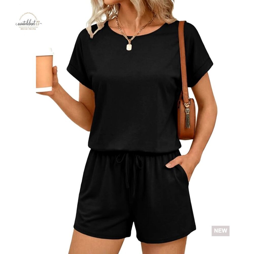 Summer Casual Short Romper with Pockets, Elastic Waist, Button Back